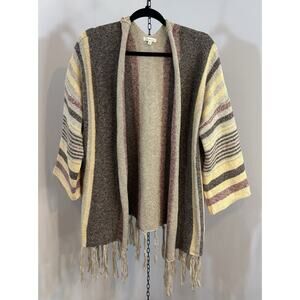 Serape Caridigan Sweater Women's S Knit Open Fringe Boho Cozy Brown Striped